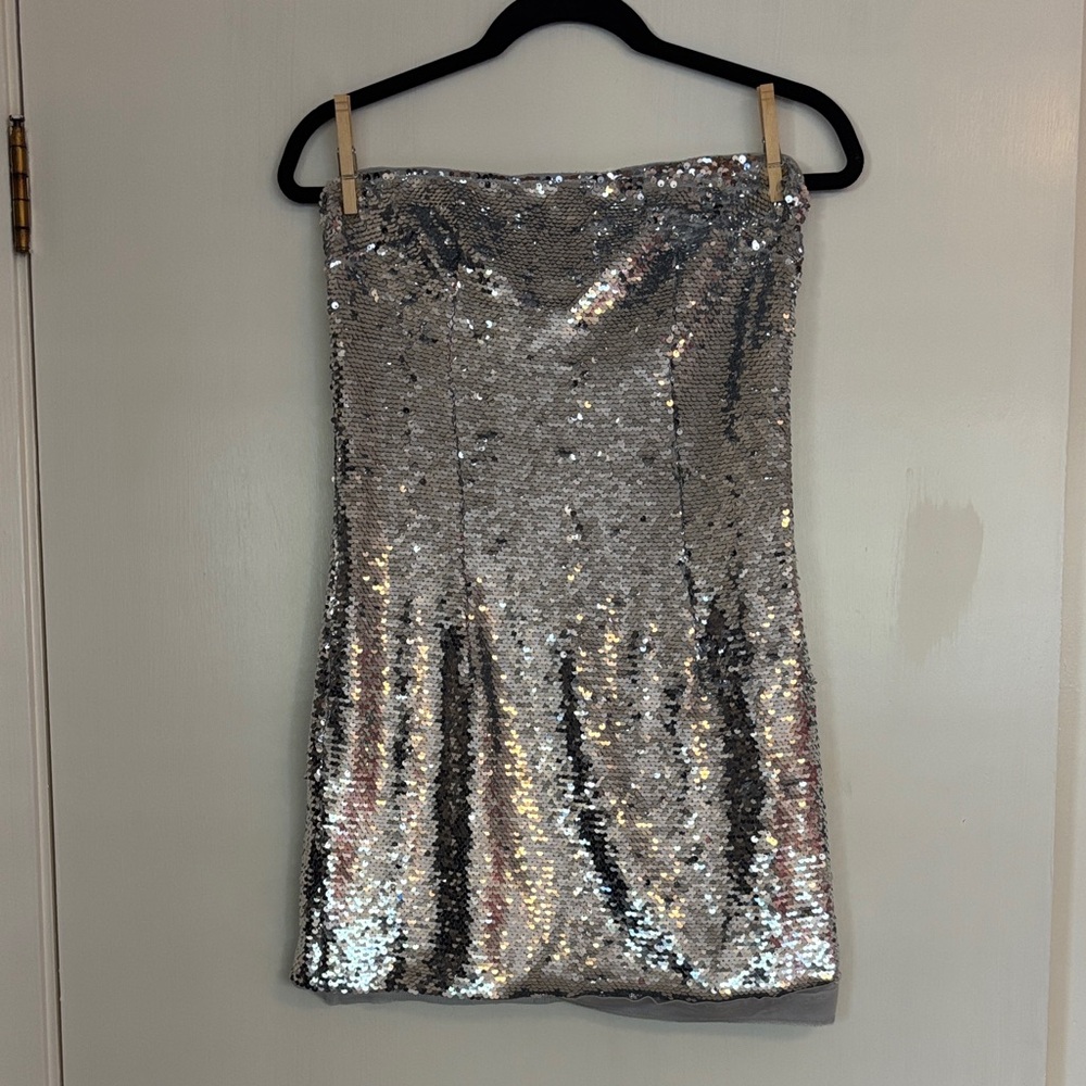 Superdry Silver Strapless Sequin Dress